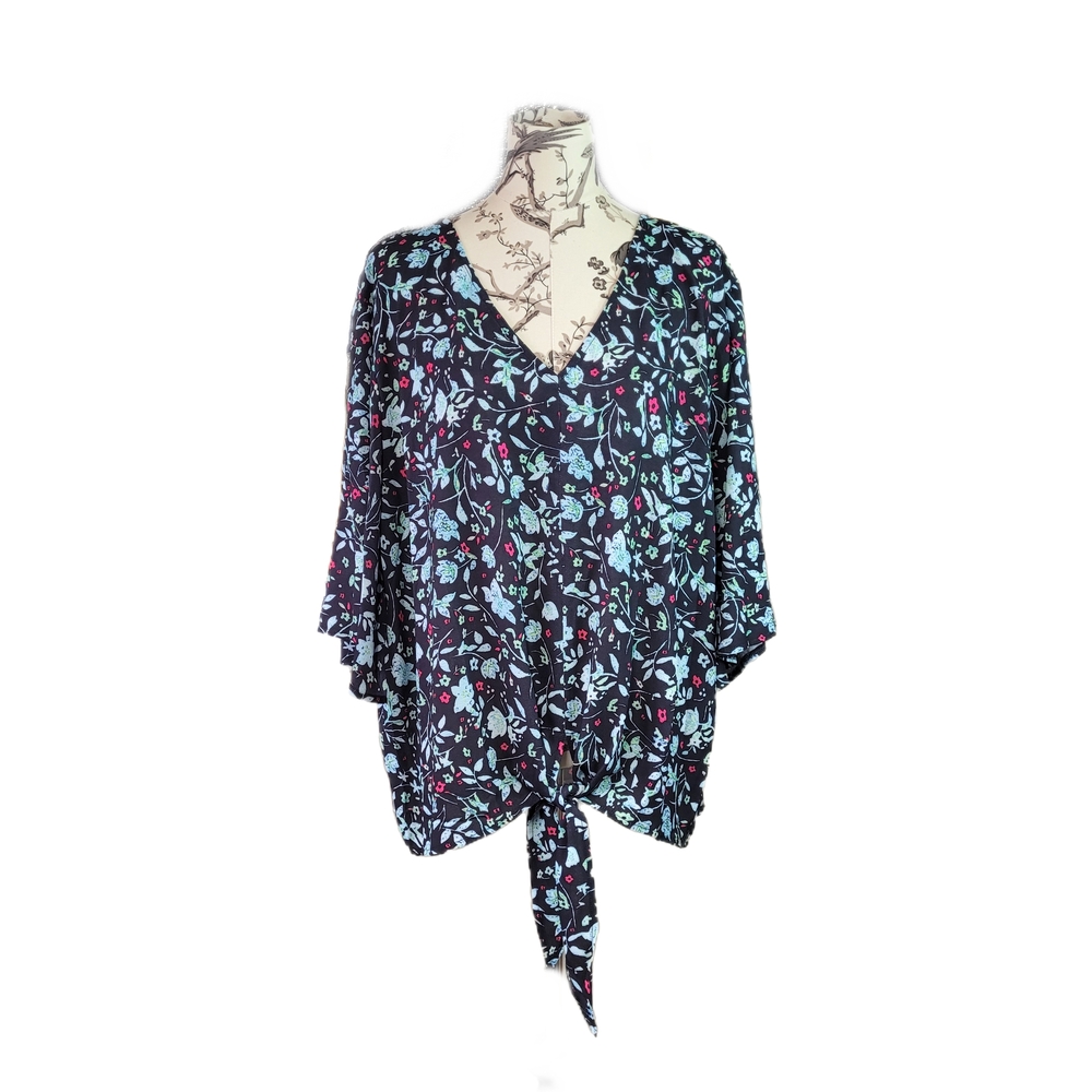 Blue Time XL Top Shirt Navy Blue Floral Flower V Neck Short Sleeve Tie Front
